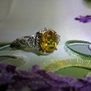 Citrine & White Topaz Ring Sterling Silver w Golden accents Size 10